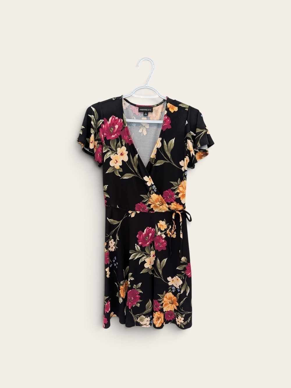 Fortune + Ivy Black Floral Midi Wrap Dress with Pink & Yellow Blooms